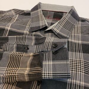 Tasso Elba Shirt Mens XXL 18-18.5 Gray Blue Tan White Plaid Long Sleeve Cotton